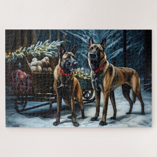 Belgisches Malinoi Snowy Sleigh Weihnachtsdekor Puzzle (Horizontal)