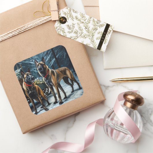 Belgisches Malinoi Snowy Sleigh Weihnachtsdekor Quadratischer Aufkleber (Schenken)
