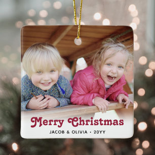 Beliebiger Text 2 Foto Rot Retro-Typografie Einfac Keramikornament