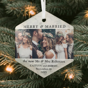 Beliebiger Text 3 Foto Frischvermählte Merry & Mar Ornament Aus Glas