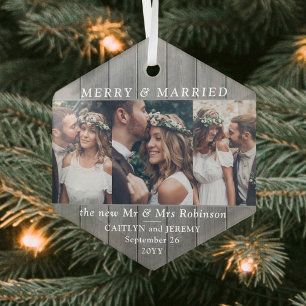 Beliebiger Text 3 Foto Frohe & Verheiratete Graues Ornament Aus Glas