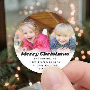 Beliebiger Text Weihnachten Foto Chic Retro Rückse Runder Aufkleber