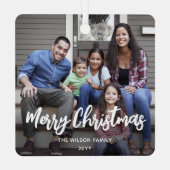 beliebiges Text 2 Foto Trendy Pinsel White Script Ornament Aus Metall (Rückseite)