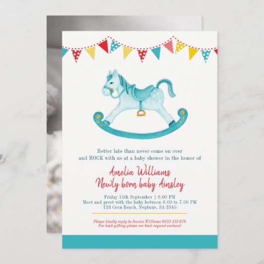 Beliebte Baby-Dusche Aqua Rocking Pferd getroffen Einladung (Vorne/Hinten)