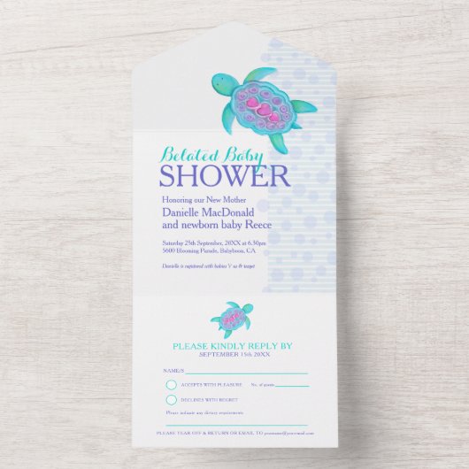 Beliebte Baby Dusche Aquarell Aqua All In One Einladung (Innen Boden)