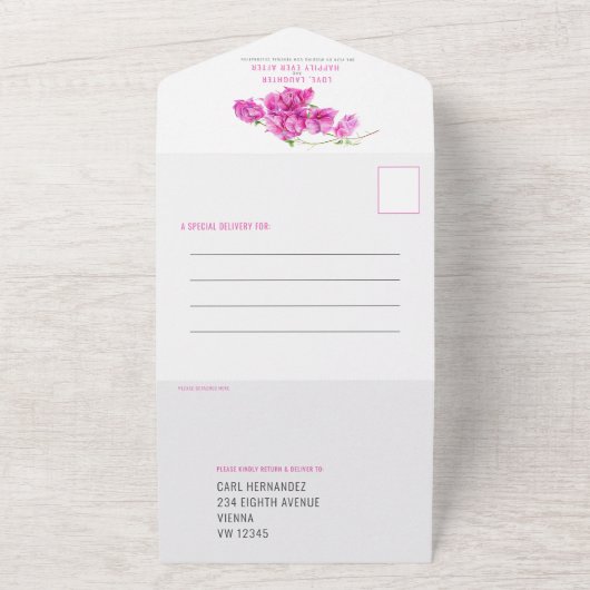 Beliebte Hochzeitsfeier Rosa Bougainvillea All In One Einladung (Außenbereich)