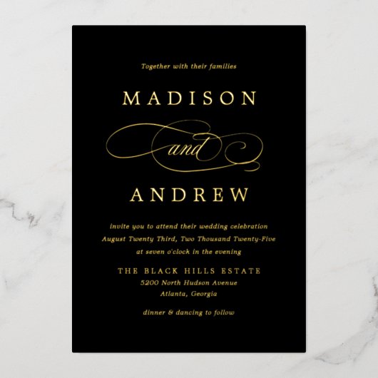 Beliebte Schwarz-Gold-Kalligrafie-Hochzeit Folieneinladung (Vorderseite)