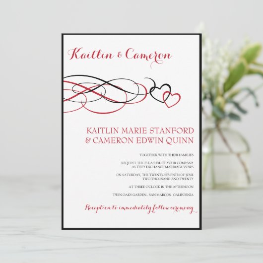 Beliebte (Schwarz & Rot) Einladung zur Hochzeit (Stehend Vorderseite)