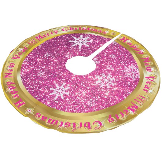 Beliebter Snowflake Gold Glitzer Pink Polyester Weihnachtsbaumdecke (Schrägansicht)