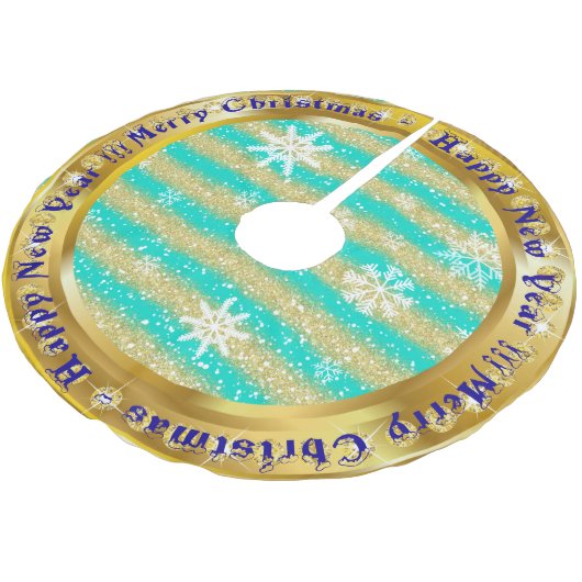 Beliebter Snowflake Gold Glitzer Türkis Polyester Weihnachtsbaumdecke (Schrägansicht)