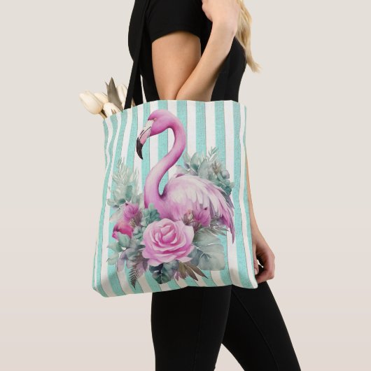 Beliebtes Blumenrosa Flamingo am Mintstreifen Tasche (Von Nahem)
