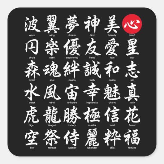 Beliebtes japanisches Kanji Quadratischer Aufkleber (Vorderseite)