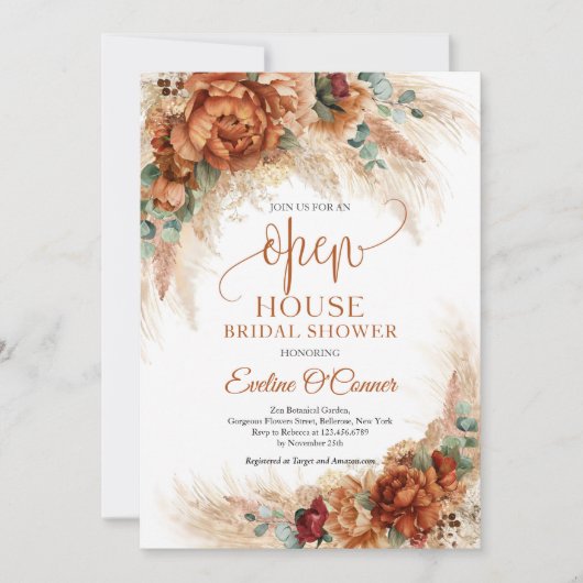 Beliebtes Terracotta Pampas Gras Kupfer Open House Einladung (Vorderseite)