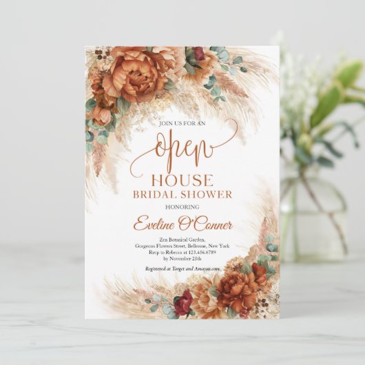 Beliebtes Terracotta Pampas Gras Kupfer Open House Einladung (Stehend Vorderseite)