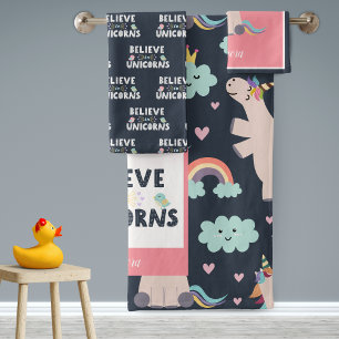Believe in Unicorns Blue and Pink Girl Pattern Kid Badhandtuch Set