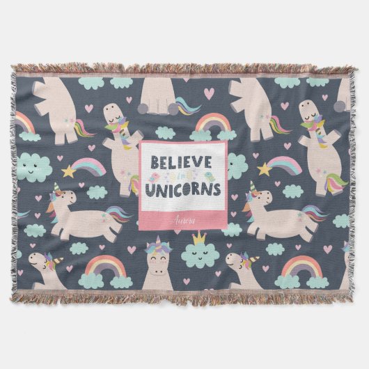 Believe in Unicorns Blue and Pink Girl Pattern Kid Decke (Vorderseite)