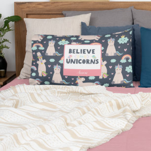 Believe in Unicorns Blue and Pink Girl Pattern Kid Kissenbezug