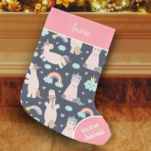 Believe in Unicorns Blue and Pink Girl Pattern Kid Kleiner Weihnachtsstrumpf