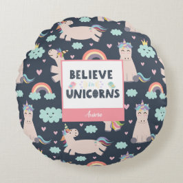 Believe in Unicorns Blue and Pink Girl Pattern Kid Rundes Kissen