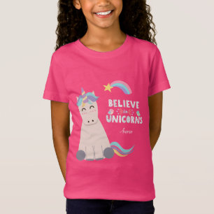 Believe in Unicorns Blue and Pink Girl Pattern Kid T-Shirt