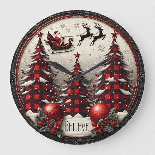 Believe Plaid Sleigh Christmas Große Wanduhr (Vorderseite)