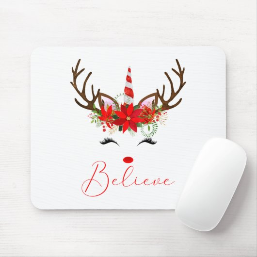 Believe Red White Insettia Reindeer Unicorn Mousepad (Mit Mouse)