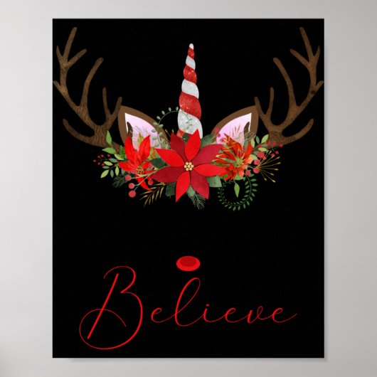 Believe Red White Insettia Reindeer Unicorn T Shir Poster (Vorne)