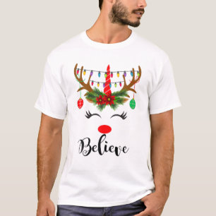 Believe Rudolph The Reindeer Face Light Christmas T-Shirt