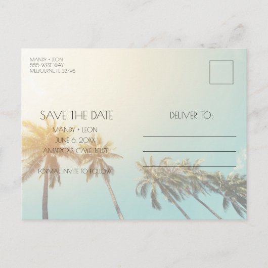 Belize Beach Wedding Save the Date Ankündigungspostkarte (Rückseite)