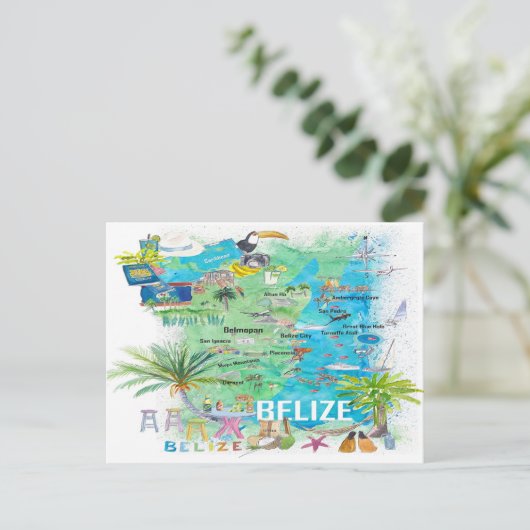 Belize Caribbean Illustriert Travel Map mit Straße Postkarte (Stehend Vorderseite)