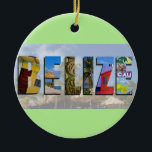 Belize Tropical Beach Blue Ocean Travel Fotos Keramik Ornament<br><div class="desc">Zeigen Sie allen Ihre Liebe für das Land Belize mit diesem unterhaltsamen Ornament mit Ausblicken auf Ambergris Caye,  Caye Caulker und Maya-Ruinen. Eine wunderschöne Farbkollage wird über eine tropische Badeortszene aufgezwungen. Sie können die Hintergrundfarbe des Ornaments nach Ihren Vorlieben ändern.</div>