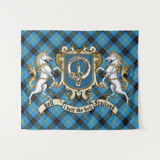 Bell Clan Abzeichen & Unicorns mit Tartan Wandteppich (Vorderseite (Horizontal))