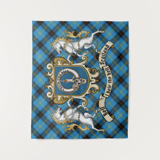 Bell Clan Abzeichen & Unicorns mit Tartan Wandteppich (Vorderseite)