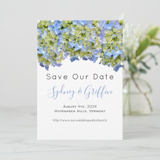 Bella Blue Hydrangea Rette unsere Date Flat Cards (Stehend Vorderseite)