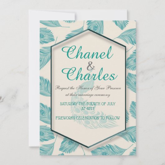 Bella Blue Peacock Geometric Wedding Einladung (Vorderseite)