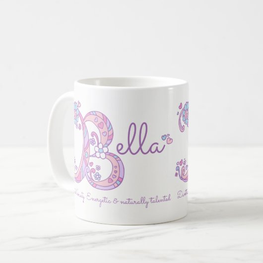 Bella Name bedeutet Herz-Blume-B-Monogramm-Tasse Kaffeetasse (Vorderseite Links)