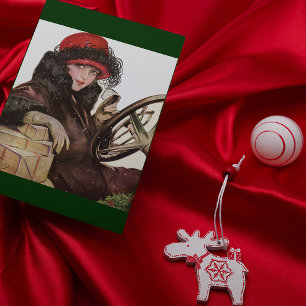 Belle, eine Vintage Dame, die Weihnachtsläden kauf Feiertagskarte