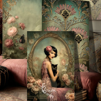 Belle Noir Flapper Black Cat Art Deco Roses Geschenkpapier Set