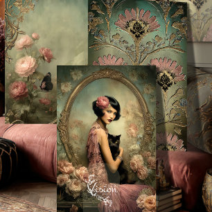 Belle Noir Flapper Schwarze Katze Art Deco Rosen Geschenkpapier Set