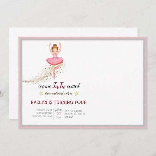 Bellerina Dancer | Rosa Blumenballett Geburtstag Einladung (Vorne/Hinten)
