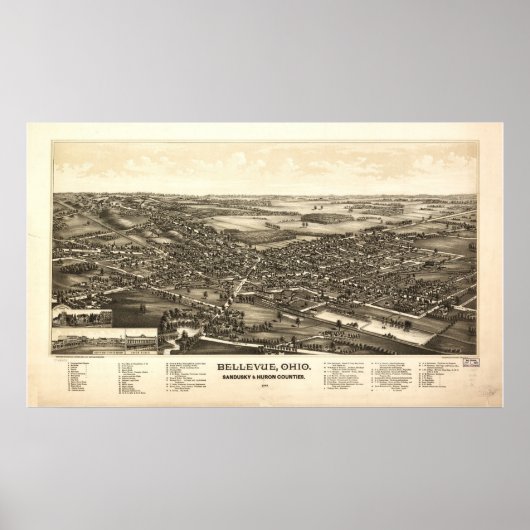 Bellevue Ohio 1888 Antique Panoramabalkarte Poster (Vorne)
