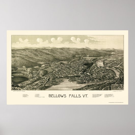 Bellows Falls, VT Panorama Karte - 1880 Poster (Vorne)