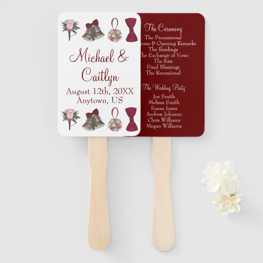 Bells Bow Blume Bouquet Burgundy Wedding Program Fächer (Vorne und Hinten)