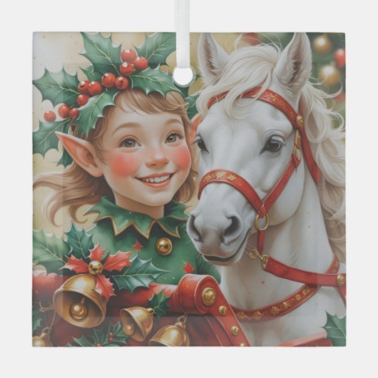 Bells Holly and Horse Christmas Elf Ornament Aus Glas (Vorderseite)