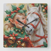 Bells Holly and Horse Christmas Elf Quadratische Wanduhr (Vorderseite)