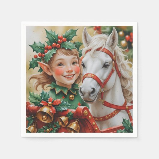 Bells Holly and Horse Christmas Elf Serviette (Vorderseite)