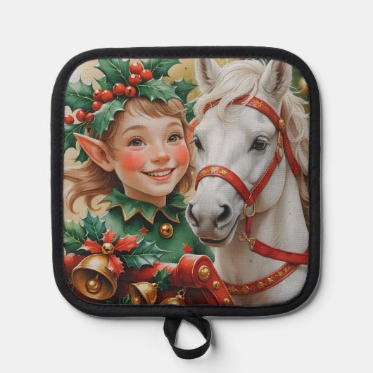 Bells Holly and Horse Christmas Elf Topflappen (Vorderseite)