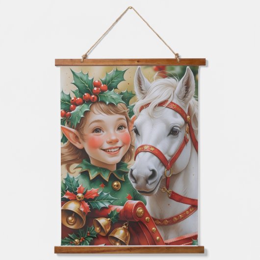 Bells Holly und Horse Christmas Elf Wandteppich Mit Holzrahmen (Vorderseite)