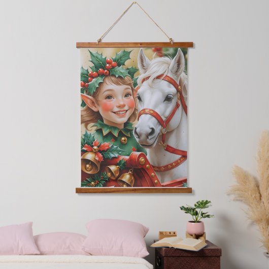 Bells Holly und Horse Christmas Elf Wandteppich Mit Holzrahmen (Schlafzimmer)
