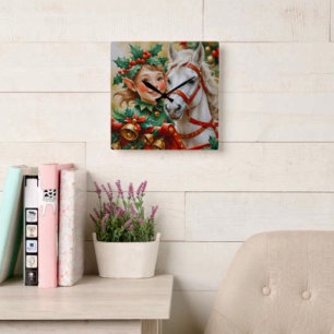 Bells Holly und Horse Weihnachtselfe Quadratische Wanduhr